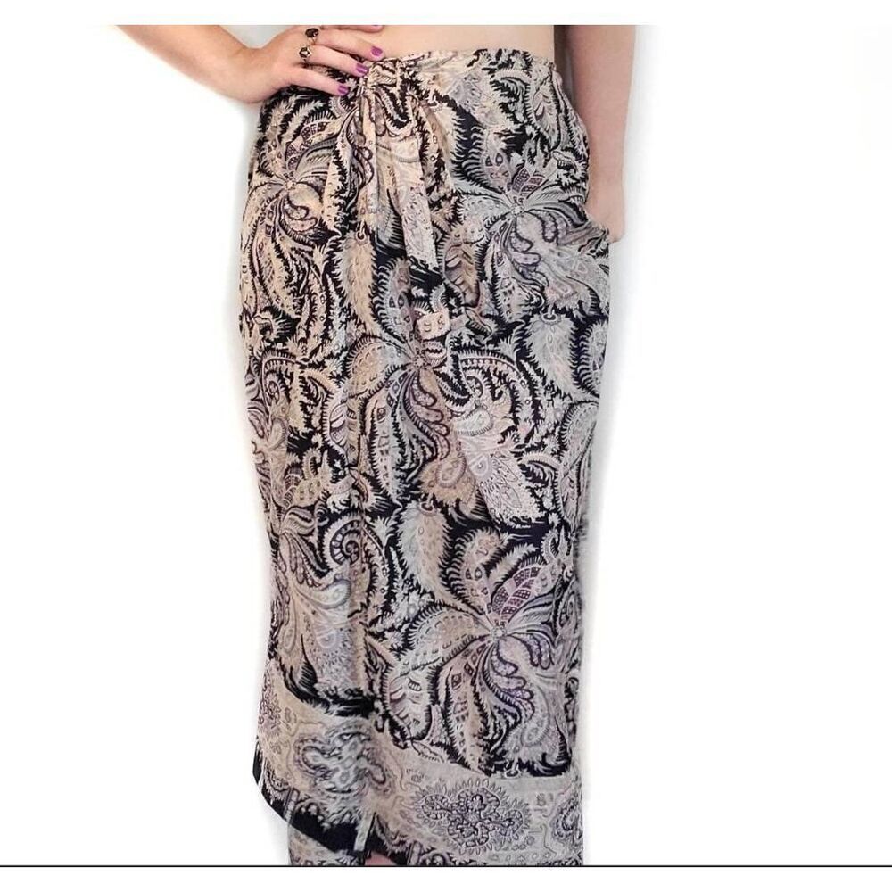Emanuel Ungaro Vintage Wrap Skirt, Navy, Beige, Pink Paisley Floral, sz 12, EUC